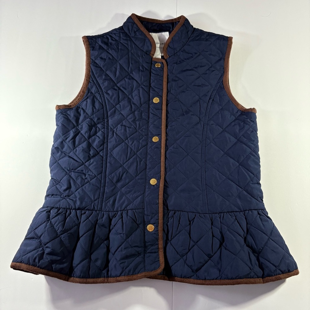 Janie And Jack The Quilted‎ Peplum Vest Blue Brown Trim 10/12 Preppy Equestrian